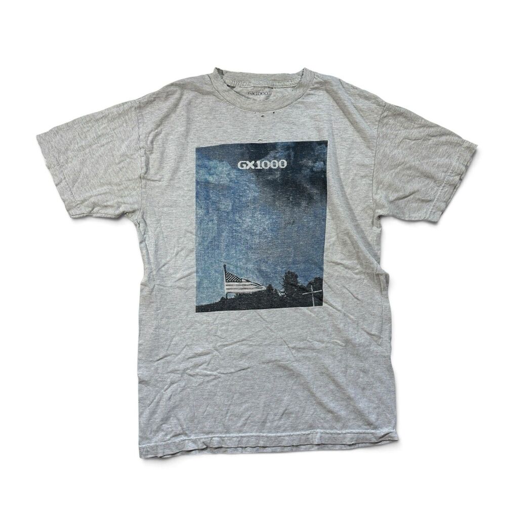 GX1000 American Flag Cross Graphic T-Shirt Gray Skateboarding San Francisco Worn